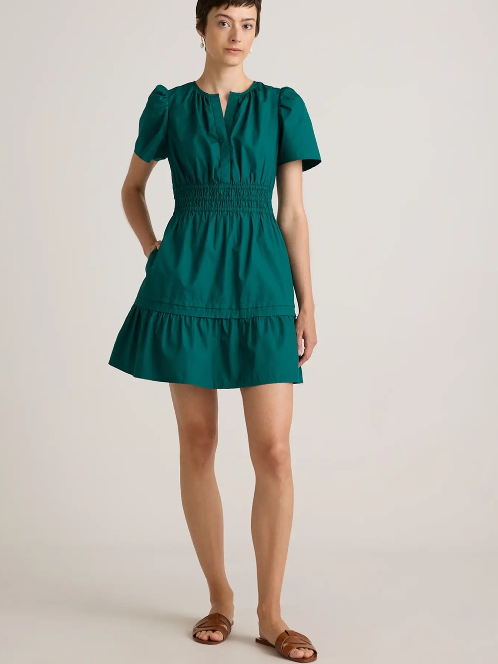 Quince Emerald Green Short-Sleeve Smocked Waist Mini Dress